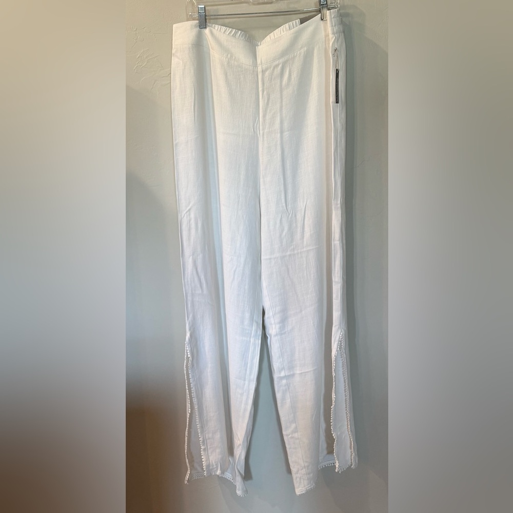 NWT Soft Surrounding White Linen Rayon Pants Wide Leg Lace Detail Large Tall